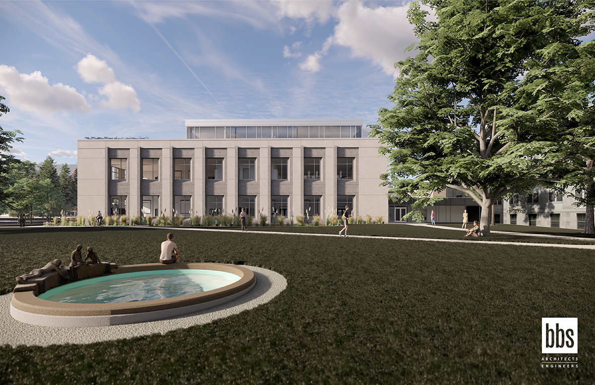 The exterior of LeBaron Hall looking at the new building’s east side where classrooms are located. Rendering created by BBS Architects Engineers.