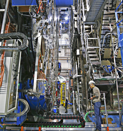 Technicians upgrade the ATLAS Experiment for the second run of the Large Hadron Collider.