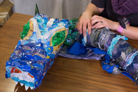 Dragon puppet made from recycled plastic containers