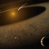 An artist's illustration of the nearby start epsilon Eridani and its disk structure that's very similar to our solar system.