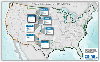 A U.S. map showing the country's three primary power grids and the small connections between them.