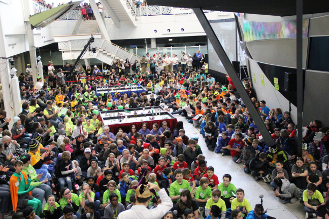 A huge crowd of students and their supporters gather for the Iowa FIRST LEGO® League State Championships.