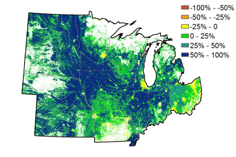 map showing carbon sequestration changes in Midwestern states