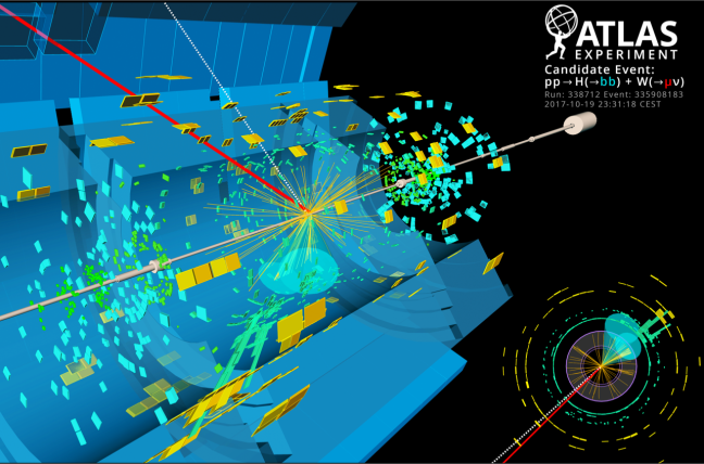 ATLAS experiment event display showing a Higgs boson decaying into a pair of bottom quarks