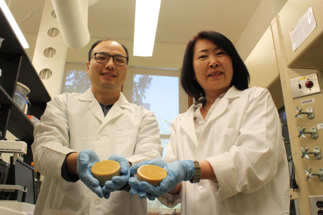 Tong Wang and Tao Fei wear lab coats in a laboratory at Iowa State University