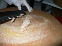 Cheese rind being removed from a wheel of cheese