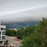 A thunderstorm's shelf cloud approaches the Iowa State campus.
