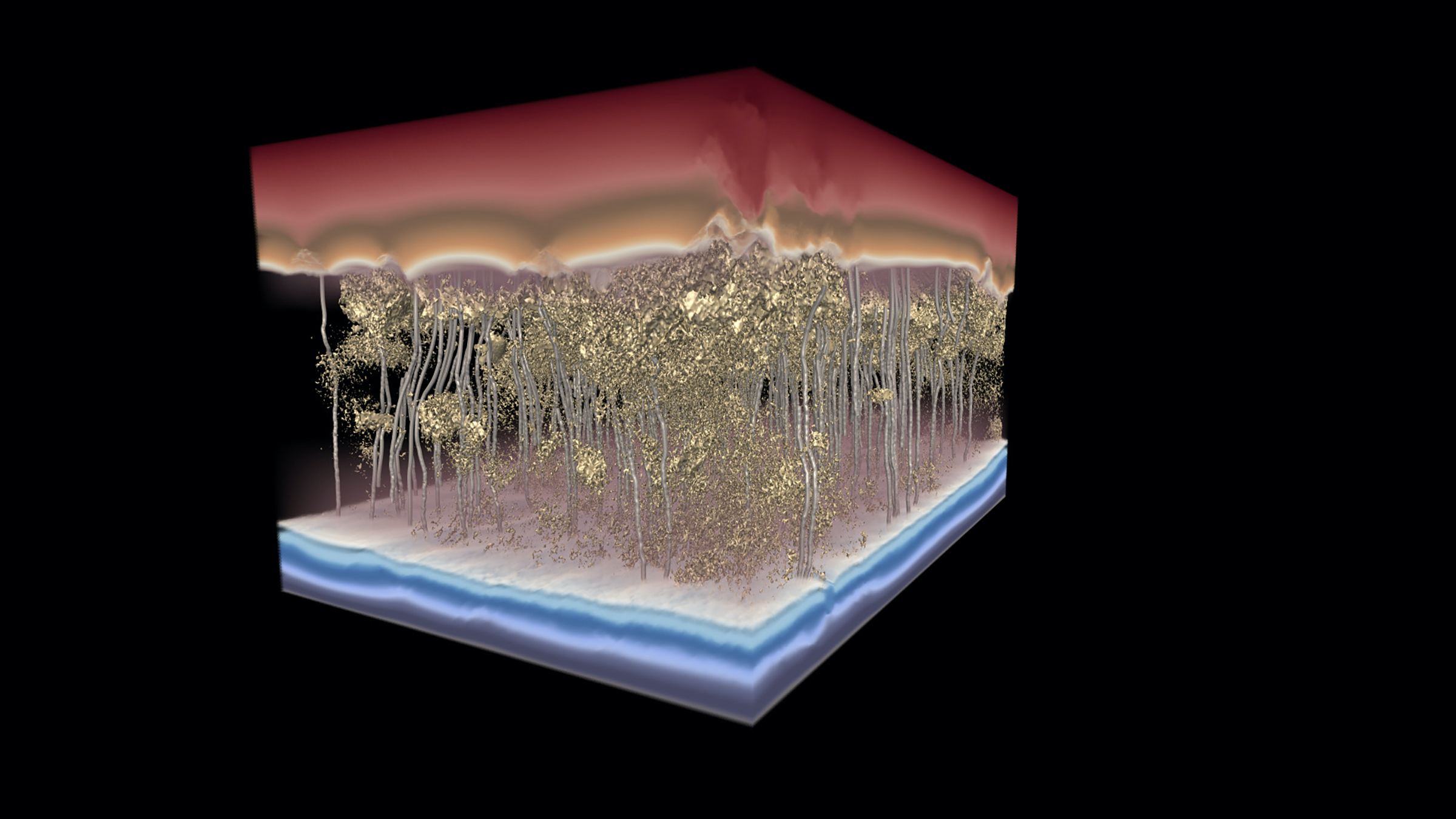 A 3D simulation image showing water flowing through a polymer desalination membrane,