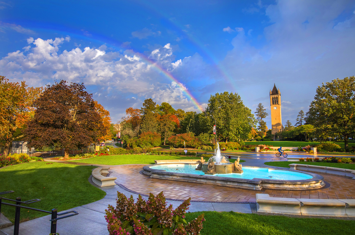 A double rainbow appears over a tranquil Central Campus the early morning of October 20, 2021. Photo by Christopher Gannon/Iowa State University.