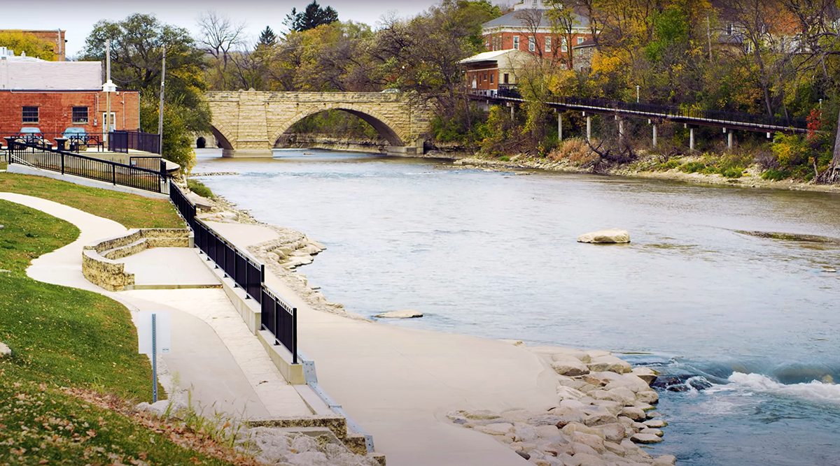 Elkader’s ADA-accessible riverwalk and whitewater feature draw locals and tourists to the Turkey River. Photo courtesy of Sandra Oberbroeckling/Iowa State University.