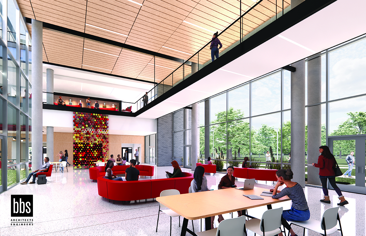 the first floor commons overlooks central campus. It will provide gathering and event space. Rendering by BBS Architects Engineers.