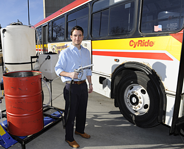 David Correll, a College of Business Ph.D. student and co-founder and president of ISU BioBus, looks forward to using the group's new processor to make biodiesel for CyRide bus No. 18.