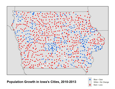 Map of population changes in Iowa