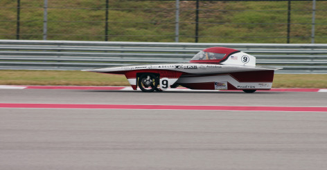 Team PrISUm's solar racing car on track in Austin, Texas