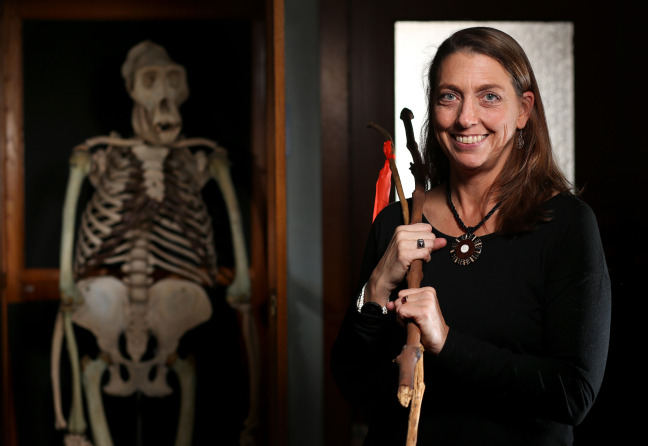 Anthropology Professor Jill Pruetz with chimp hunting spears