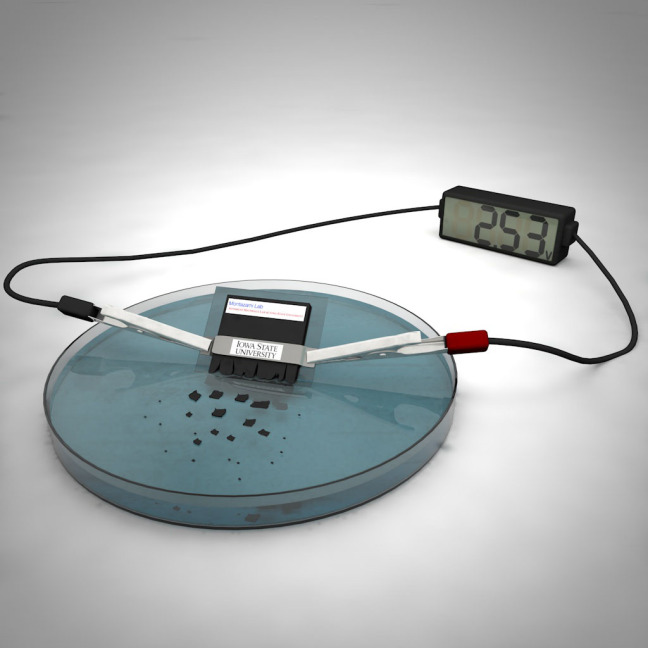 Graphic of a transient battery dissolving in water.