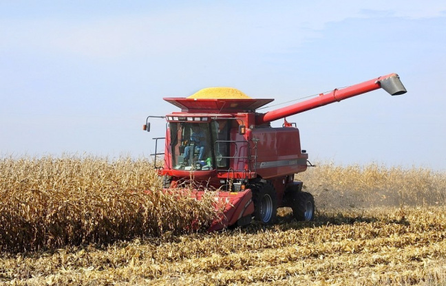 A combine harvests crops in an Iowa field