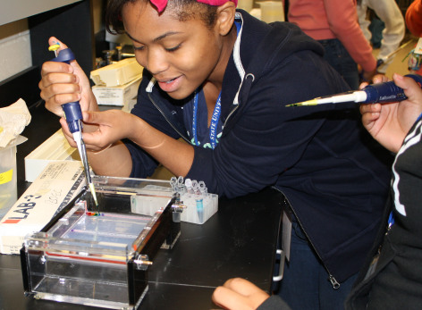 Students working in lab during a Science Bound Saturday event