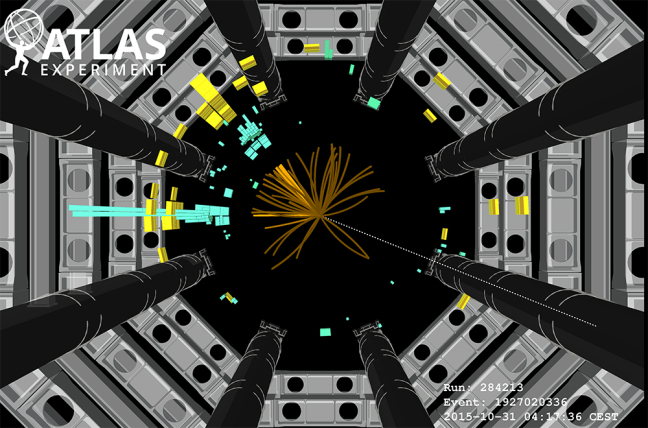 An image from the ATLAS detector showing a potential Higgs boson.