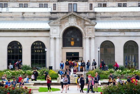 Students walking on campus near the Memorial Union