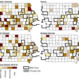 Four Iowa maps identifying overdose death rates from synthetic, prescription and multiple opioids as well as heroin