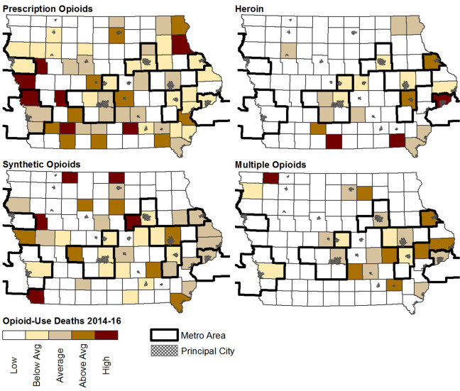 Four Iowa maps identifying overdose death rates from synthetic, prescription and multiple opioids as well as heroin