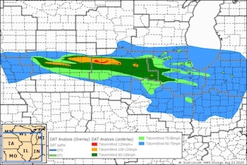 A National Weather Service map showing derecho winds across the Midwest on Aug. 10.