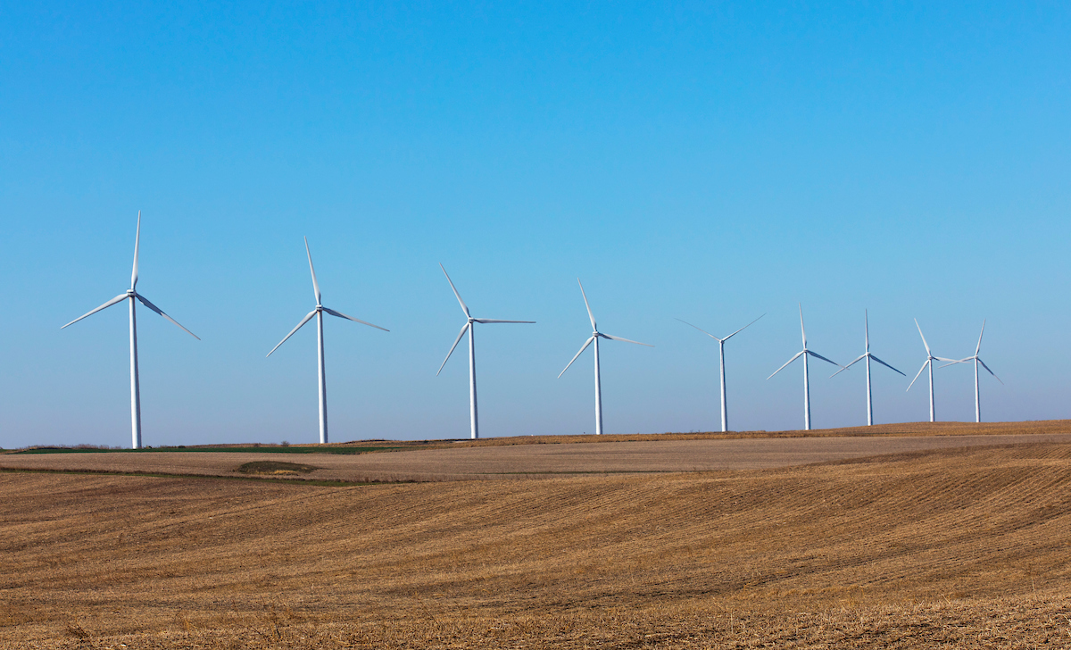 Wind turbines line harvested farm fields north of Ames.