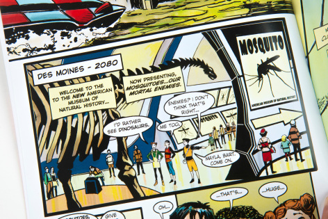 Comic book frame showing students touring museum