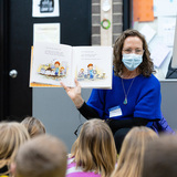 Emily Hayden, associate professor of education at Iowa State University, reads to a third grade classroom at United Community Elementary School, spring 2021.