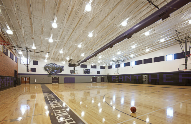 An empty gym at Middle Park High School in Granby, Colorado.