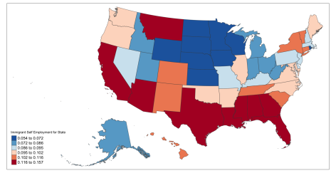State map of immigrant self-employment rate. Image courtesy of Jun Yeong Lee/Iowa State University