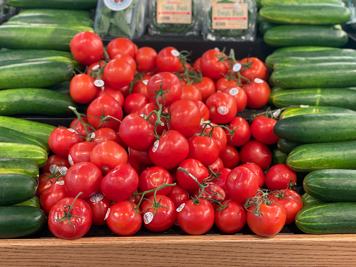 Tomatoes in a grocery store in Ames, IA, June 2022.