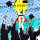 Collage graphic of graduates and a lightbulb