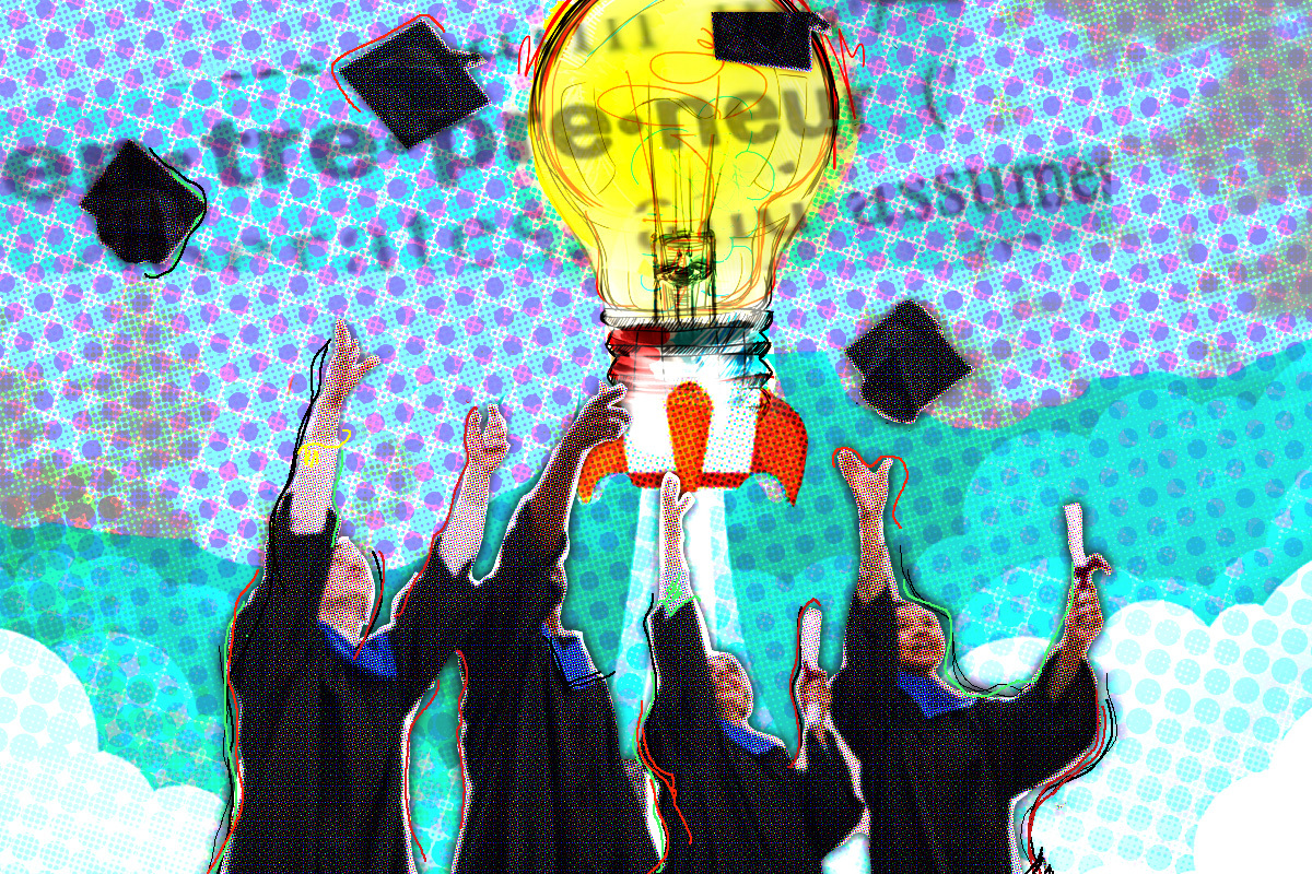 Collage graphic of graduates and a lightbulb