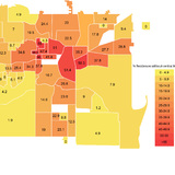 A map of Des Moines broken down by neighborhood shows the percentage of homes that do not have central air conditioning. Neighborhoods with high percentages are colored in orange while neighborhoods with low percentages are colored in shades of yellow.