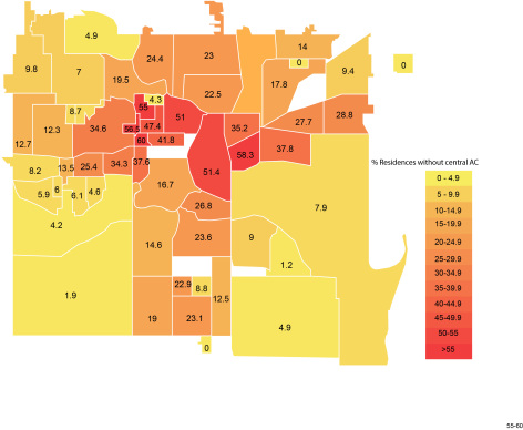 A map of Des Moines broken down by neighborhood shows the percentage of homes that do not have central air conditioning. Neighborhoods with high percentages are colored in orange while neighborhoods with low percentages are colored in shades of yellow.