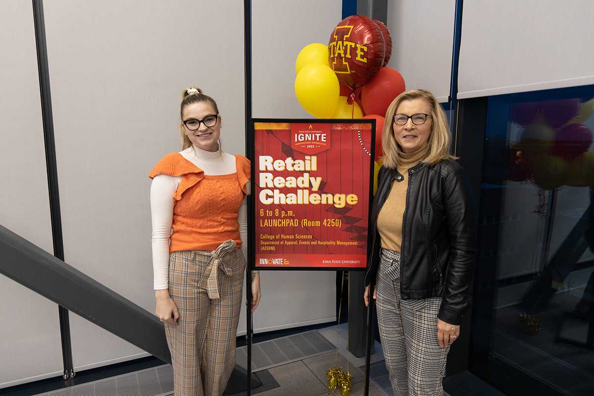 Linda Niehm, professor of apparel, events, and hospitality management, and her graduate assistant, Emily Schrimpf, at the Retail Ready Challenge at the Student Innovation Center at ISU. Photo by Laurel Feakes/Iowa State University.