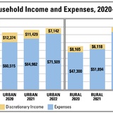A chart showing expenses and discretionary income for rural and urban areas in 2020-22