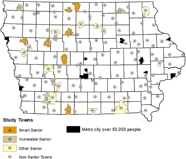 Map of smart, vulnerable and other senior towns in Iowa.