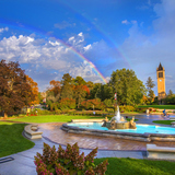 A double rainbow appears over a tranquil Central Campus the early morning of October 20, 2021. Photo by Christopher Gannon/Iowa State University.