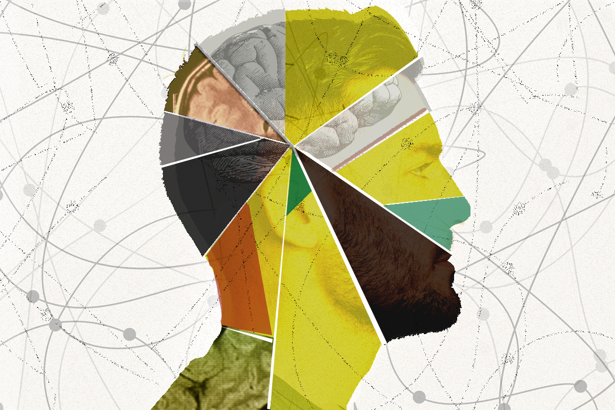 Collage image with a profile of a man overlayed with images of brain illustrations and MRI scans. Created by Deb Berger/Iowa State University.
