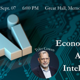 Image of Tyler Cowen with the time and date of his lecture superimposed to the right