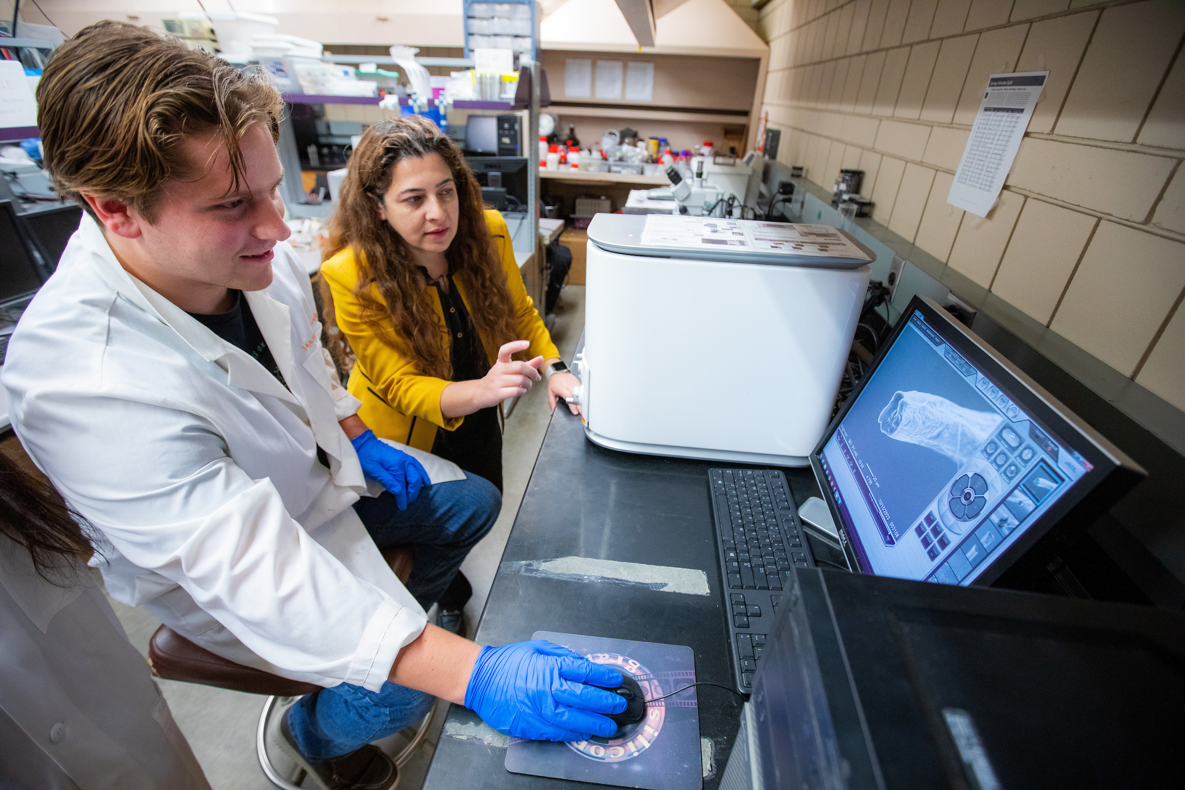 Nicole Hashemi, an associate professor of mechanical engineering, and Justin Sehlin, a graduate student, at work in the research group's laboratory.