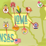 An illustrated map of the Midwest depicts the locations and variety of festivals involved in a study to understand what motivates volunteers. Graphic created by Deb Berger/Iowa State University.