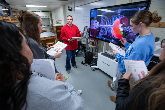 Instructor talks to students looking at virtual anatomy table