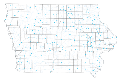 Map of Iowa communities that have participated in the Community Visioning Program.